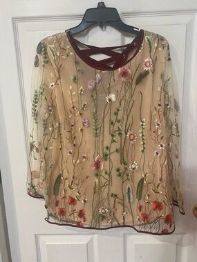 Embroidered Floral Sheer Blouse - Tan with Burgundy Trim